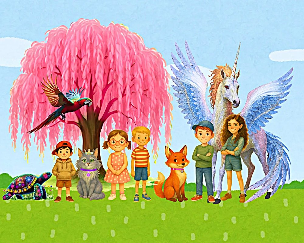 The Cousin Crew with Soapy Sally and Sniffles under the blossom tree