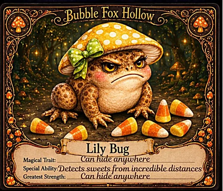 Lily Bug the toad with a mushroom cap