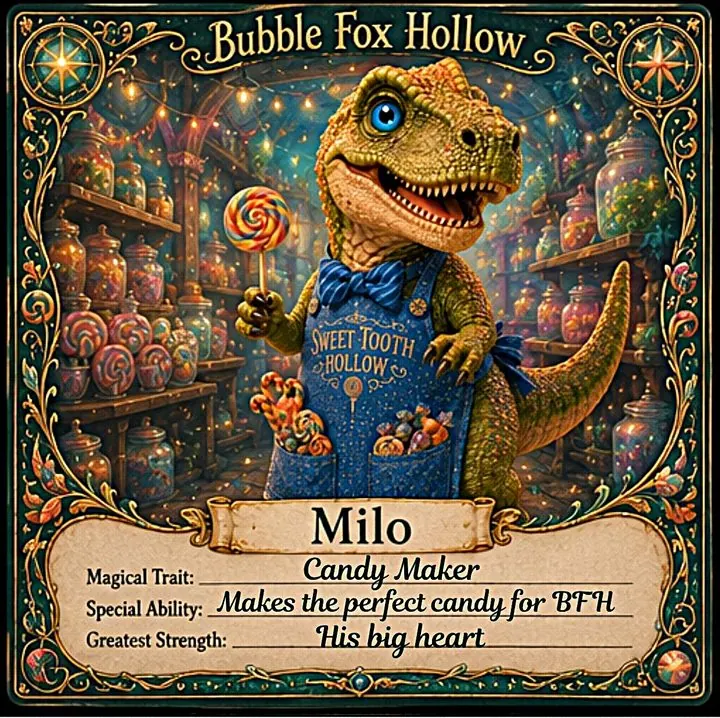 Milo the dinosaur in his Sweet Tooth Hollow sweater