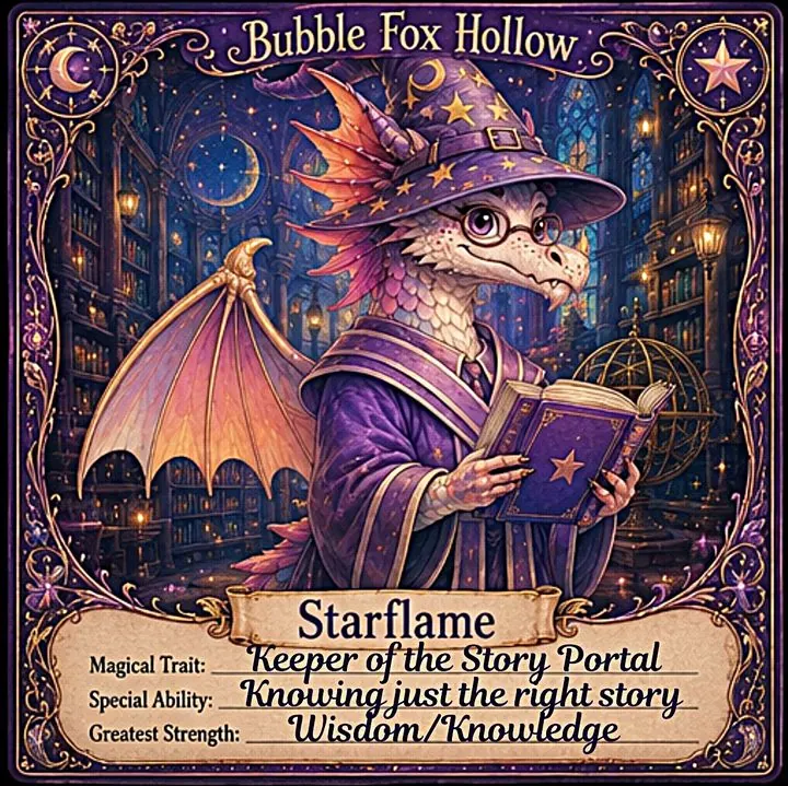 Starflame, a robed dragon reading a book